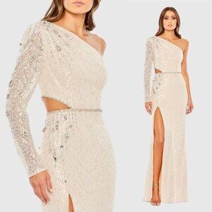 NWT Mac Duggal Embellished One Sleeve Cut Out Gown 6 Ivory Lace Rhinestone 11306